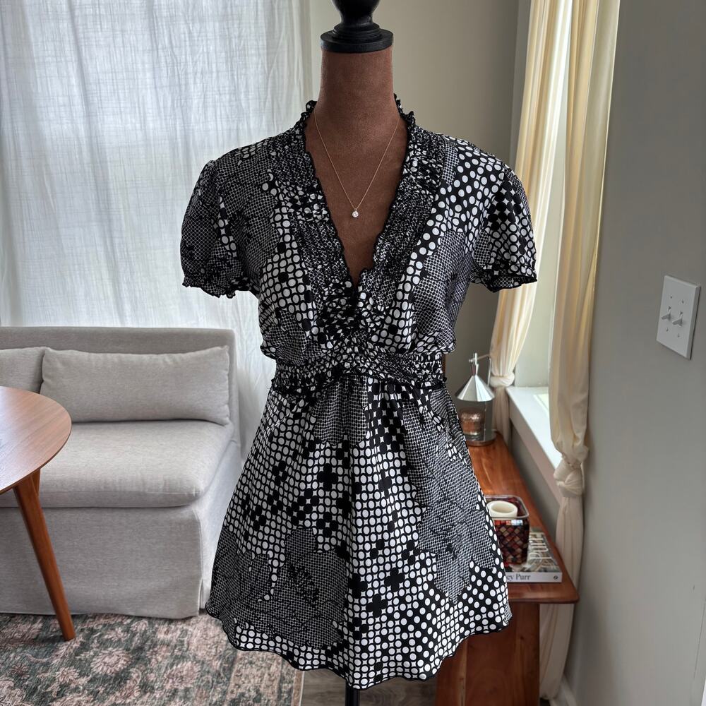 Y2K Vintage 6 Degrees Black White Floral 2000s Babydoll Top Puff Sleeve Medium